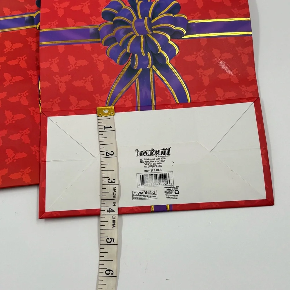Set of 3 Red Christmas Gift Bags with Gold Ribbon Handles